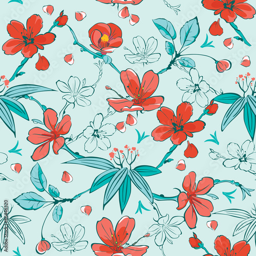 Vector Blue Red Japanese Flowers Seamless Pattern