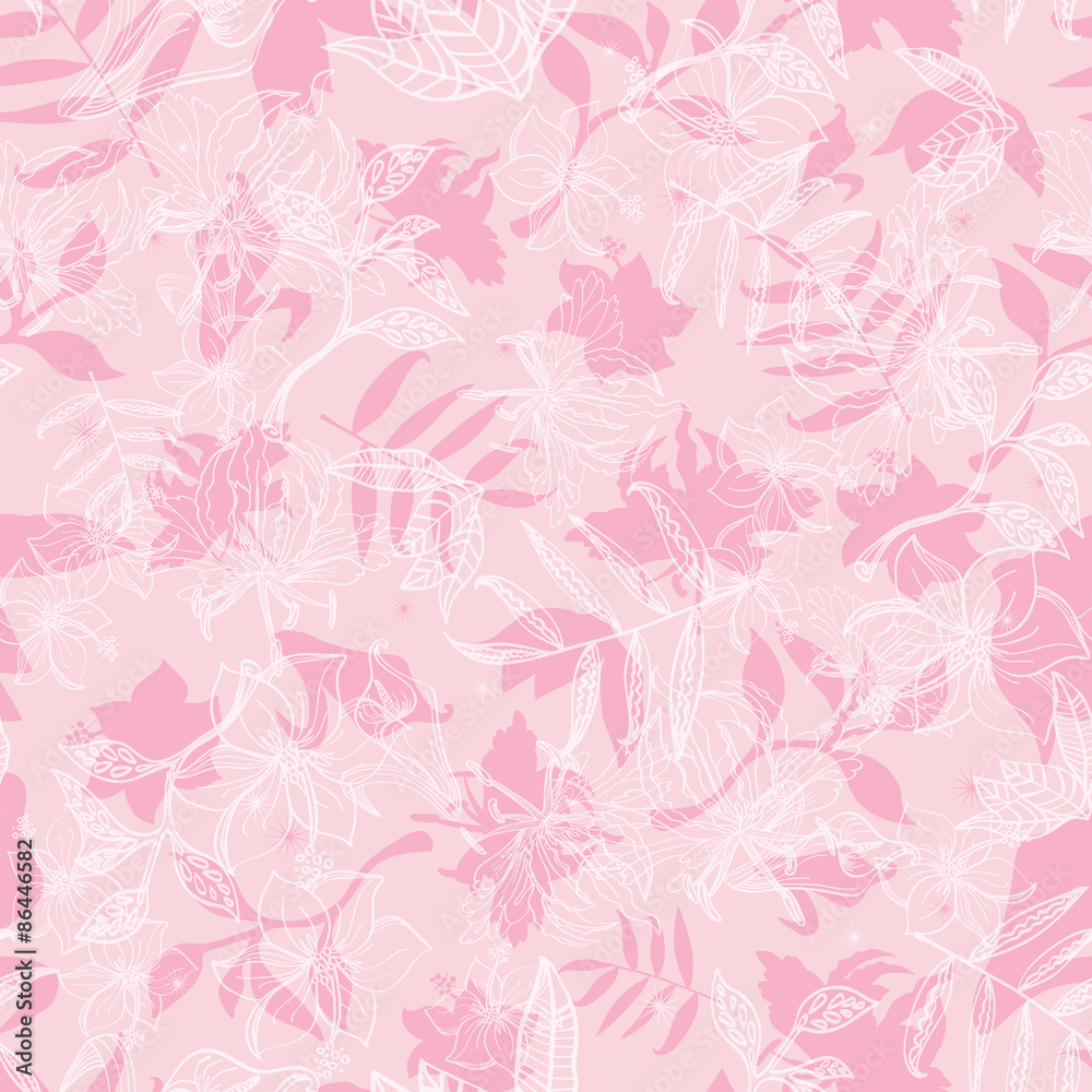 Fototapeta premium Vector Exotic Pink Dawn Florals Seamless Pattern