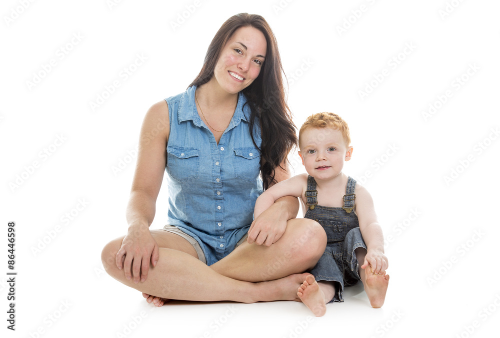 baby boy with his mother over a isolated white background