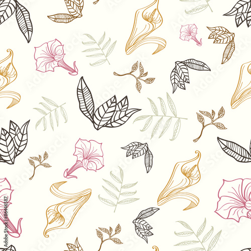 Vector Floral Gold Pink Brown Tropical Drawing Seamless Pattern