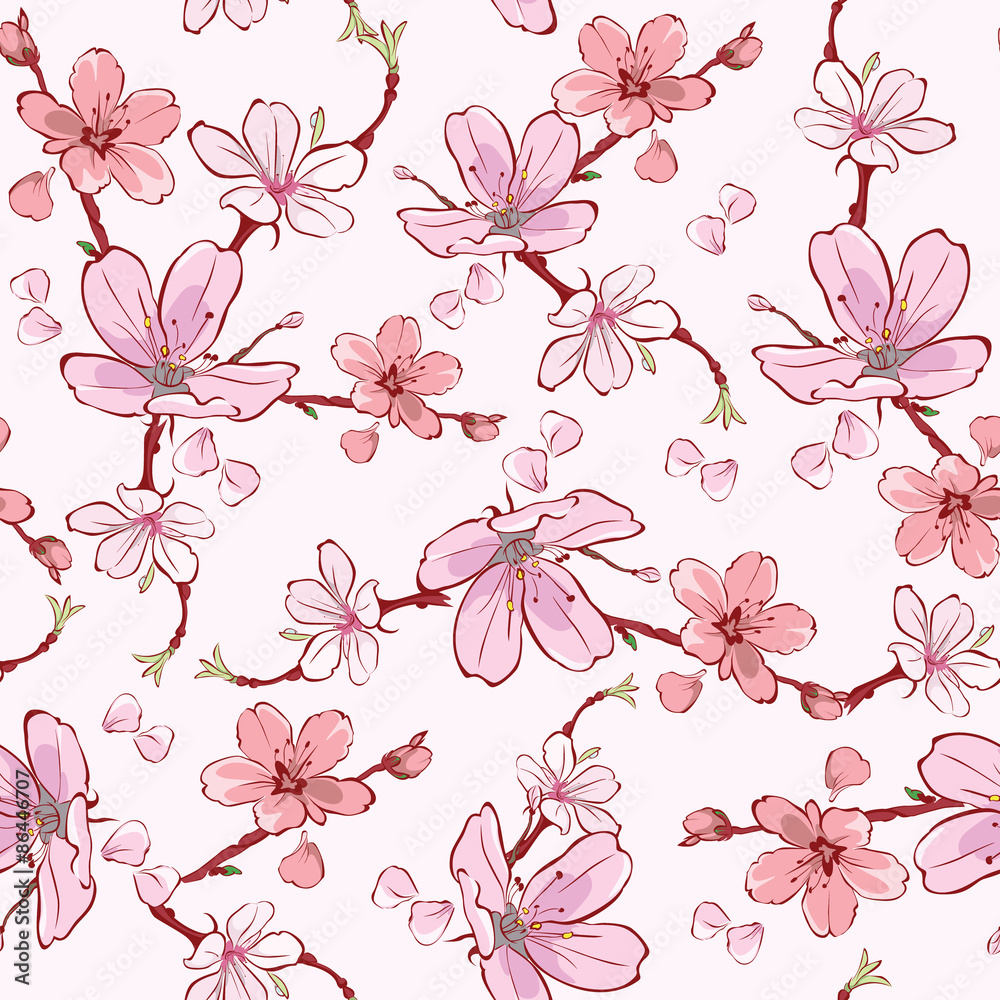 Vector Pink Cherry Sakura Flowers Seamless Pattern