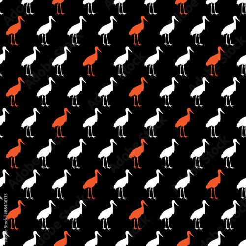Vector Red White Crane Silhouettes on Black Seamless Pattern