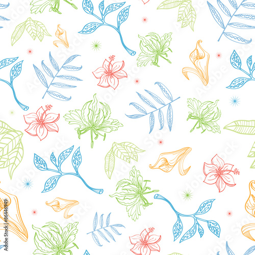 Vector Tropical Pastel Drawing Flowers Seamless Pattern