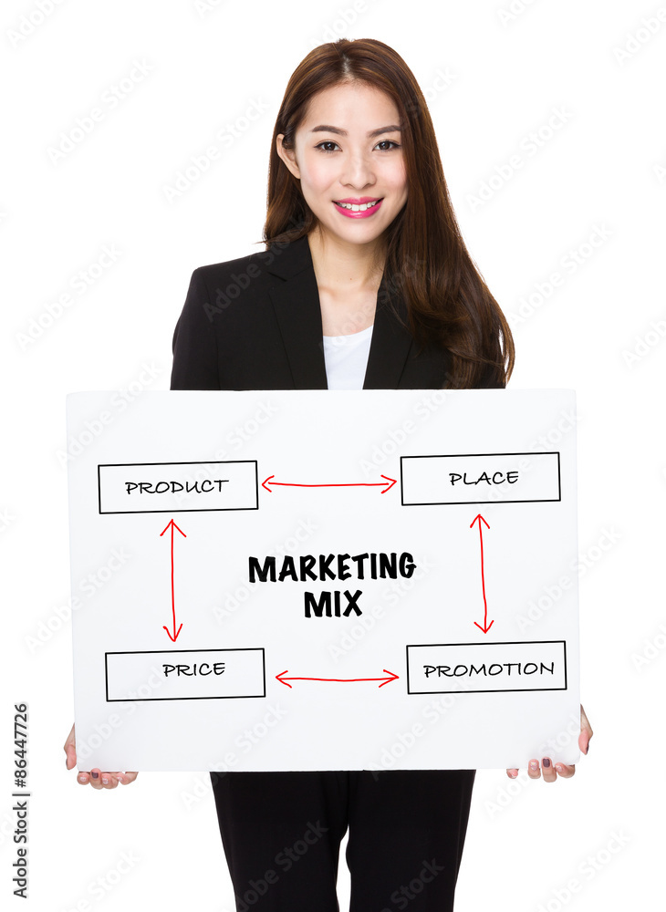 Young businesswoman holding a banner presenting business mix con Young businesswoman holding a banner presenting business mix con