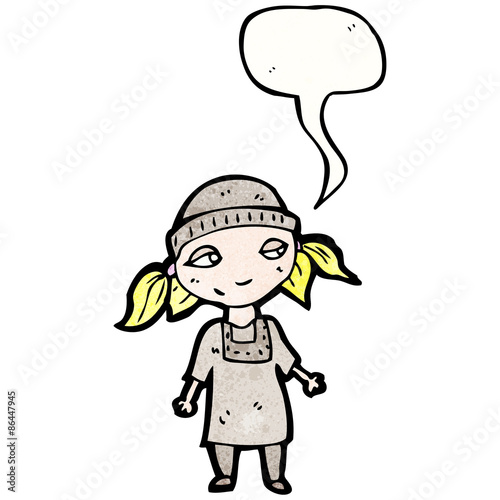 cartoon poor orphan girl with speech bubble