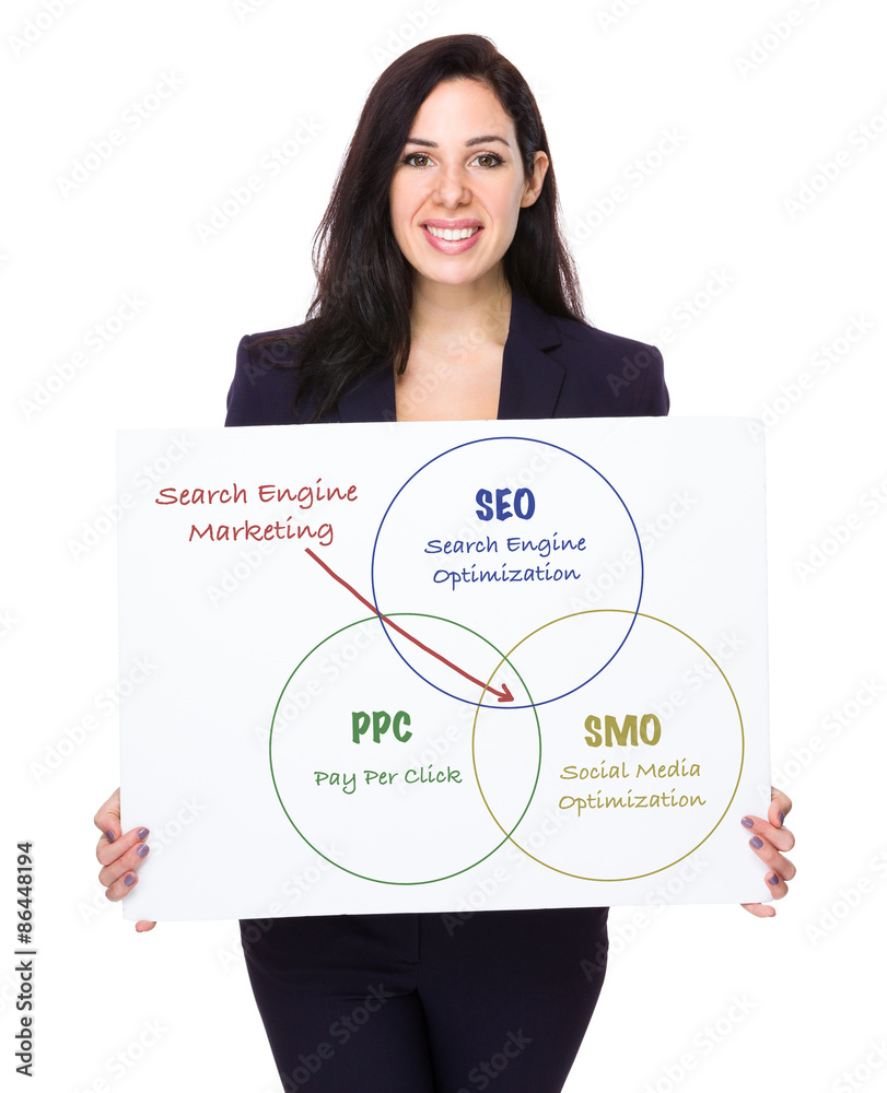 Young businesswoman holding a board presenting search engine mar Young businesswoman holding a board presenting search engine mar