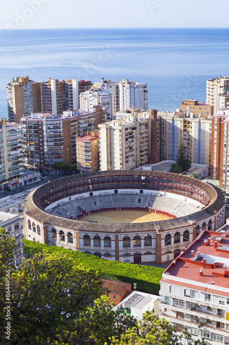 Aerial view of the bull ring in Malaga, Spain.