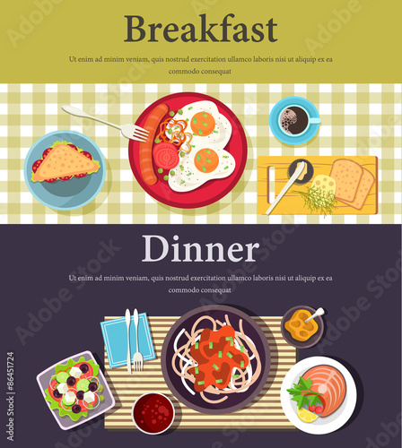 Vector picture of breakfast, dinner at restaurant or cafe
