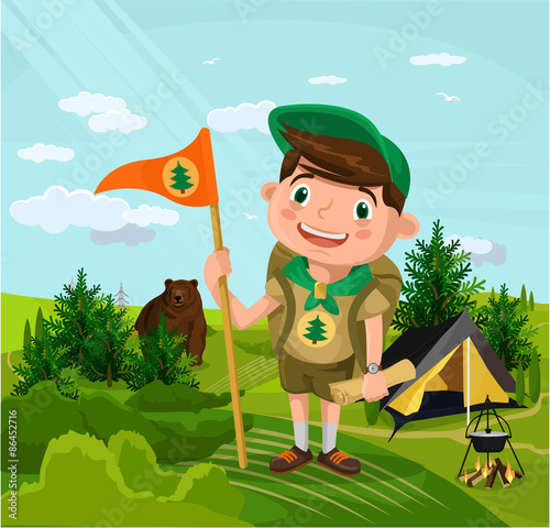 Summer camp with boy. Vector flat cartoon illustration