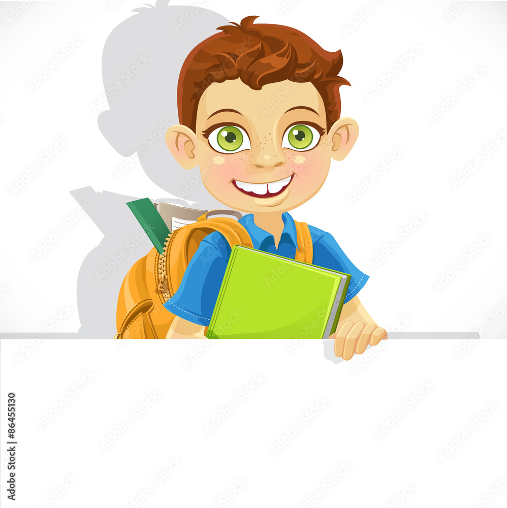 Cute boy with a backpack hold big banner Cute boy with a backpack hold big banner