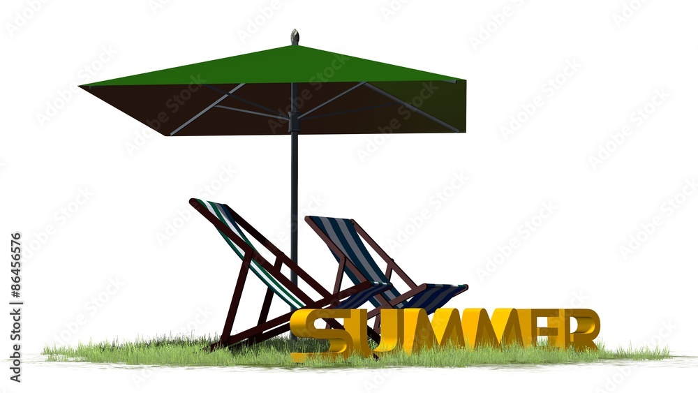 Fototapeta premium summer lettering with deck chairs and umbrella - separated on white background