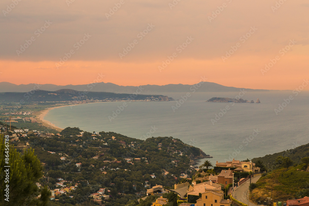 Orange sunset Catalonian coast landscape