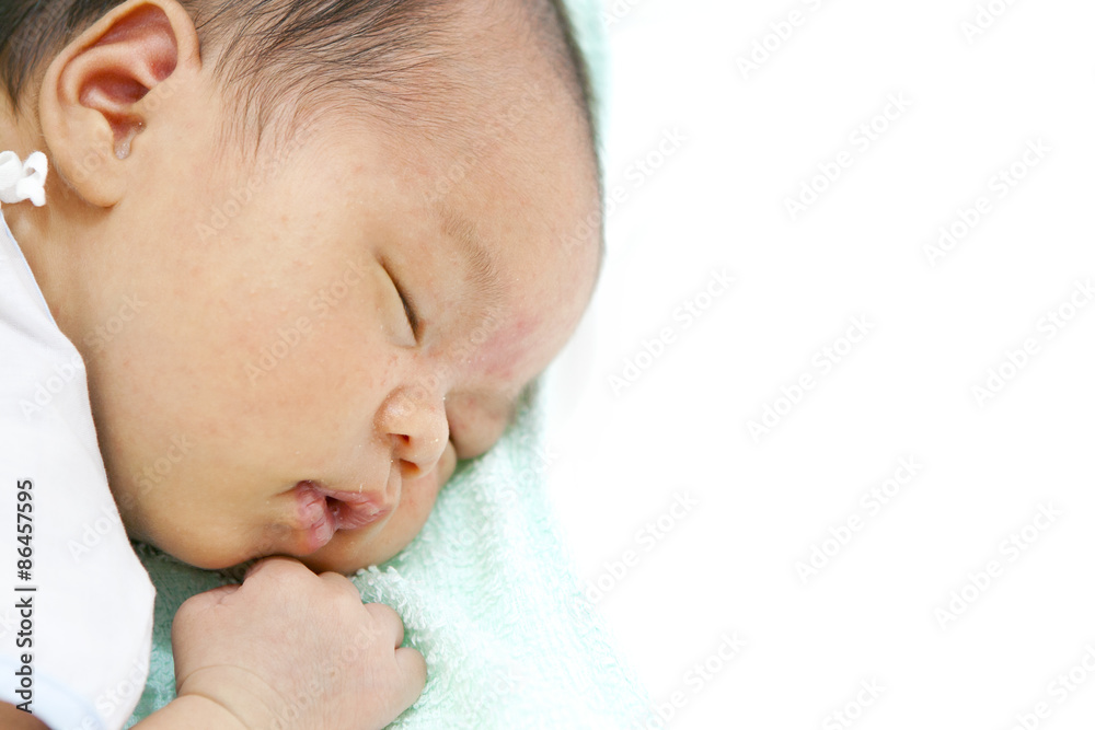 Asian Newborn Baby Girl Sleeping Isolated on White Background. Asian Newborn Baby Girl Sleeping Isolated on White Background.