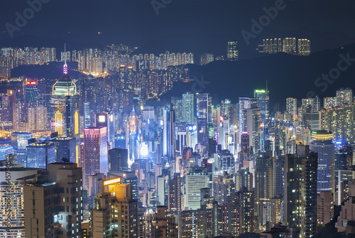 Aerial view of Hong Kong City at night © leeyiutung