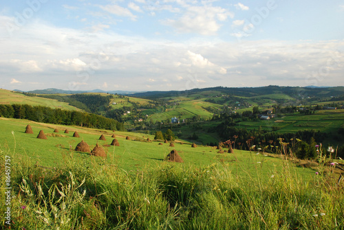 Landscape of Ukrainian green plains with haystacks