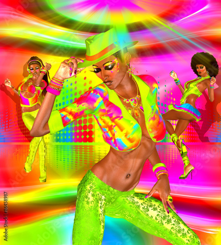 Party girls , disco dancing the night away! Our unique digital art designed girls are perfect for party fliers or projects and web sites with vintage and retro dance party themes.