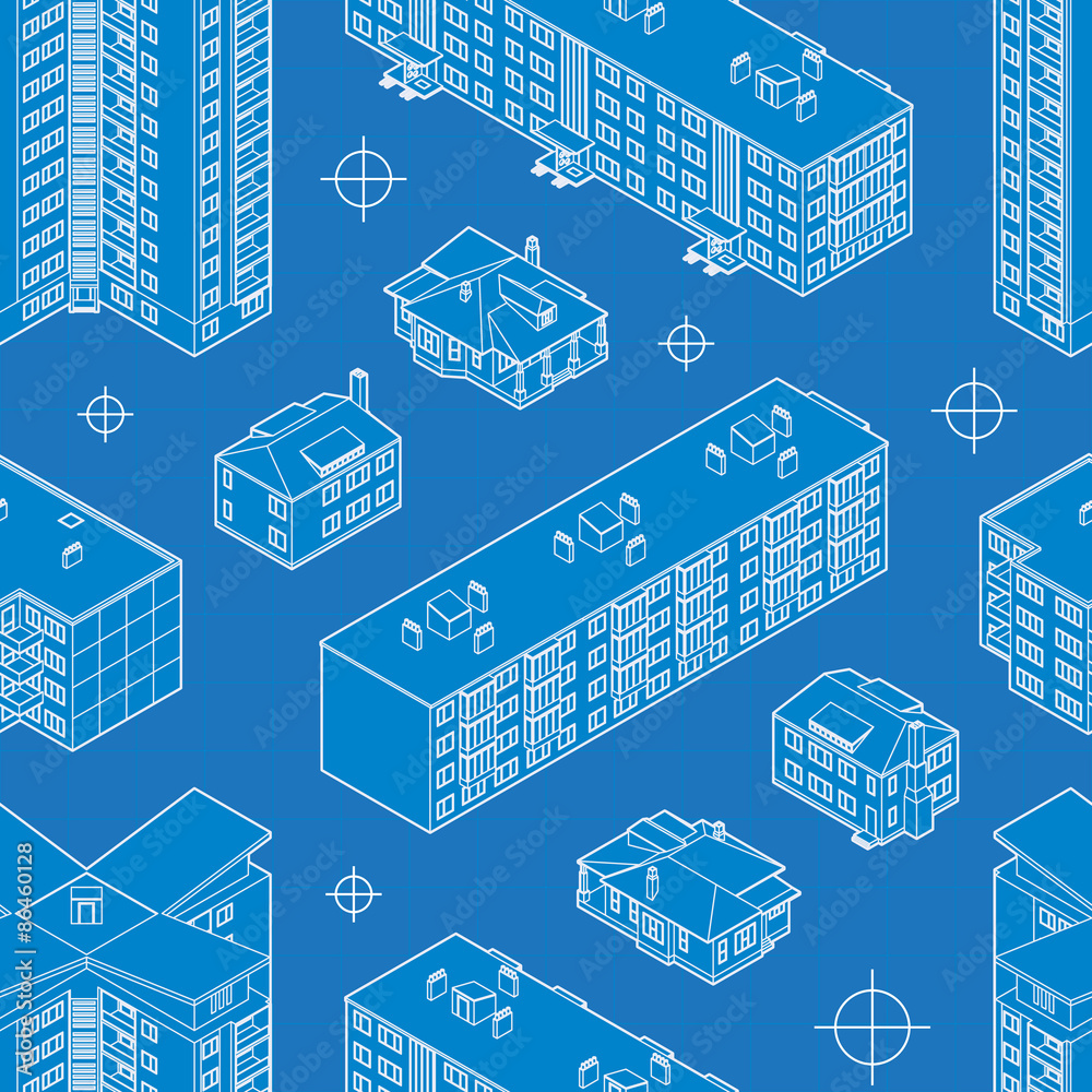 Blueprint dwelling buildings seamless pattern