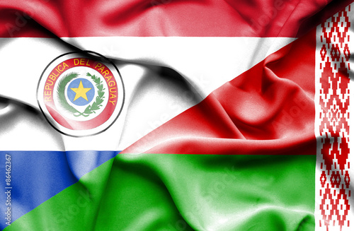 Waving flag of Belarus and Paraguay