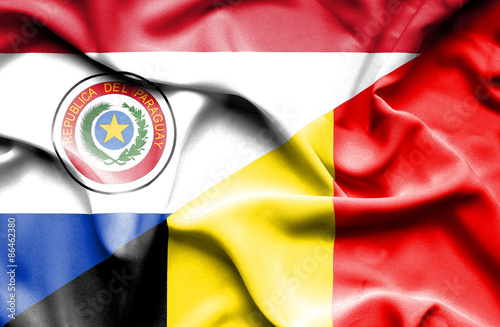 Waving flag of Belgium and Paraguay
