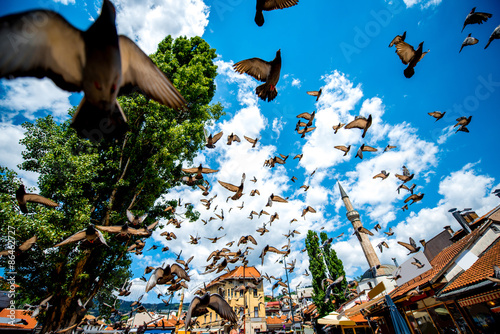 Old square with flying pigeons in Sarajevo photo