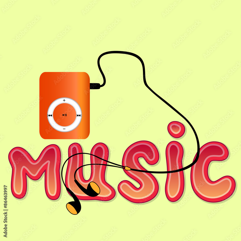 Real orange mp3 player with headphones and word 'MUSIC' isolated Stock  Vector | Adobe Stock