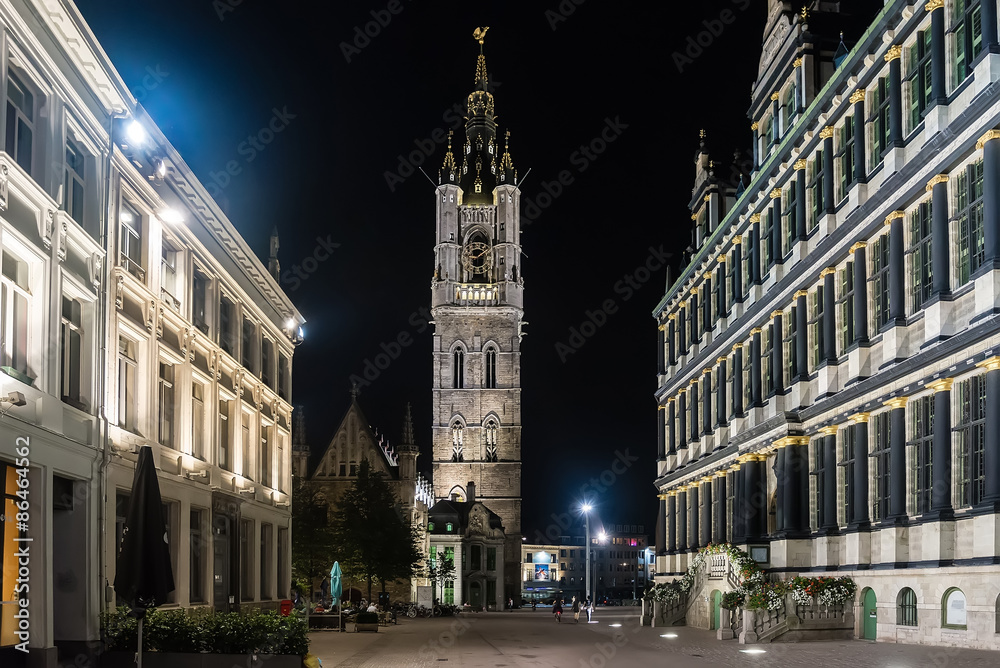Fototapeta premium Old European Medieval Square and Belfort Tower in Ghent