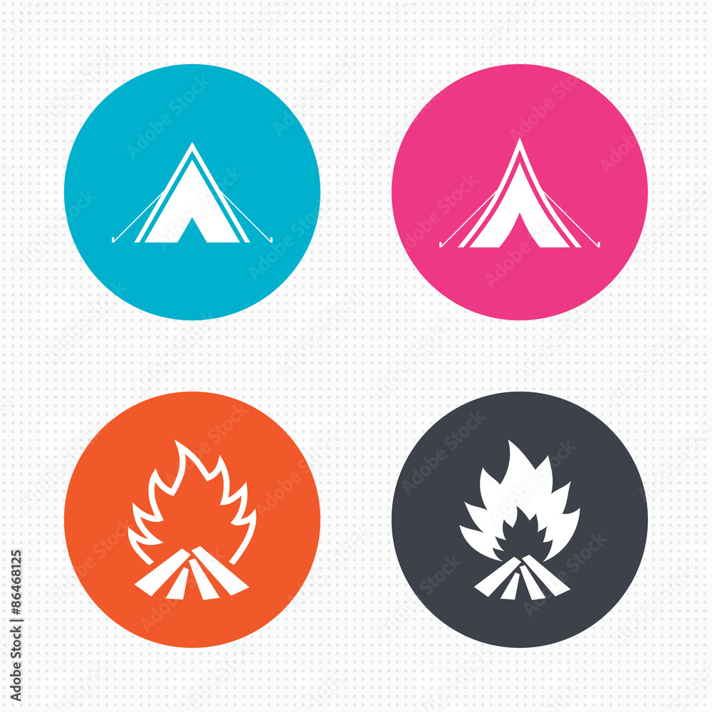 Tourist camping tent signs. Fire flame icons. Tourist camping tent signs. Fire flame icons.