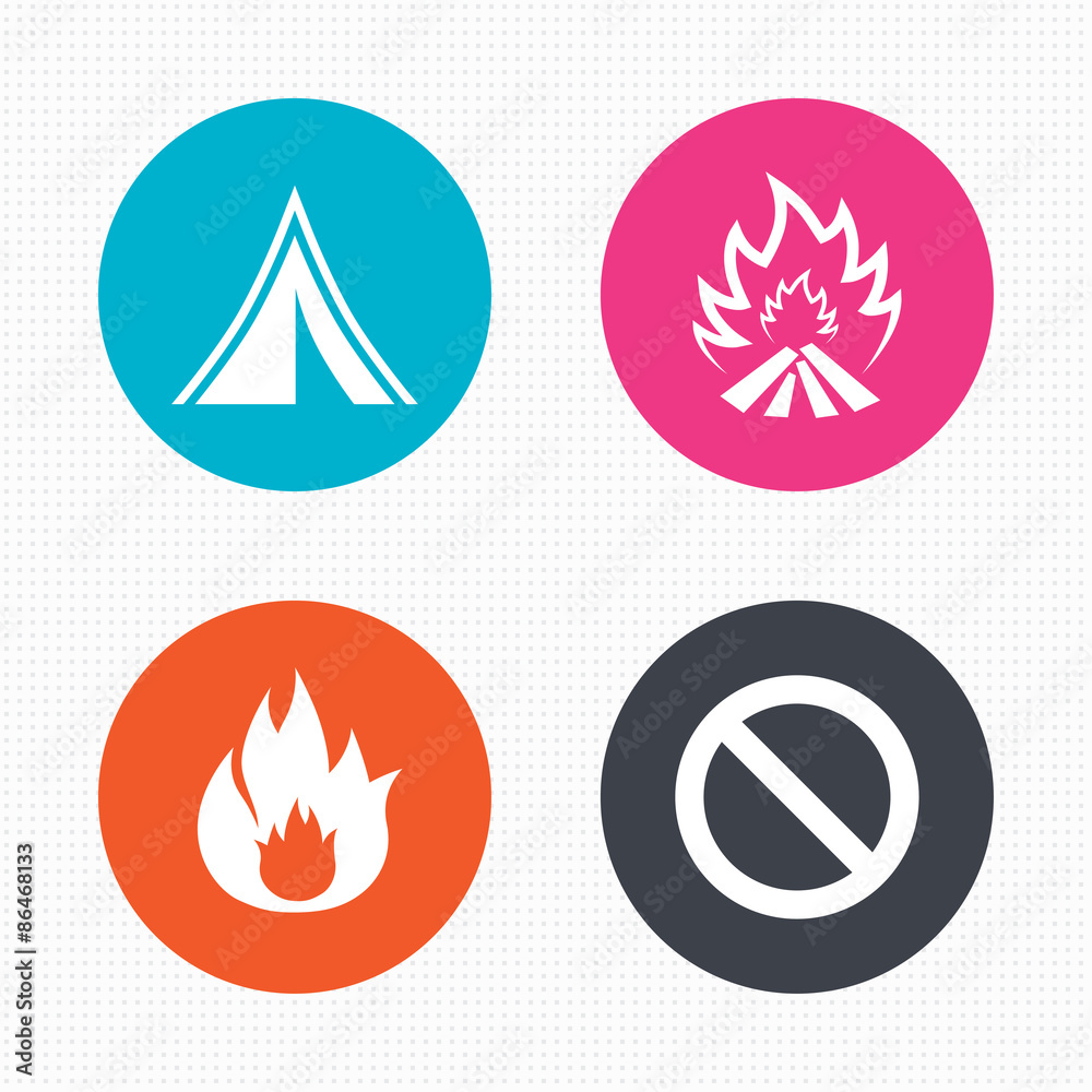 Tourist camping tent sign. Fire flame icons. Tourist camping tent sign. Fire flame icons.
