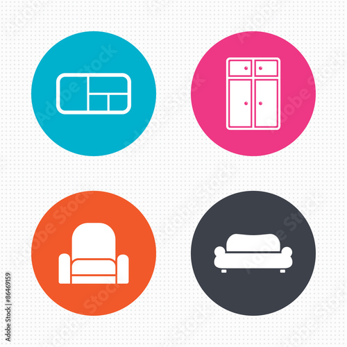Furniture icons. Sofa, cupboard, and book shelf.