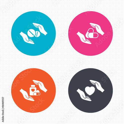 Hands insurance icons. Health medical pills.