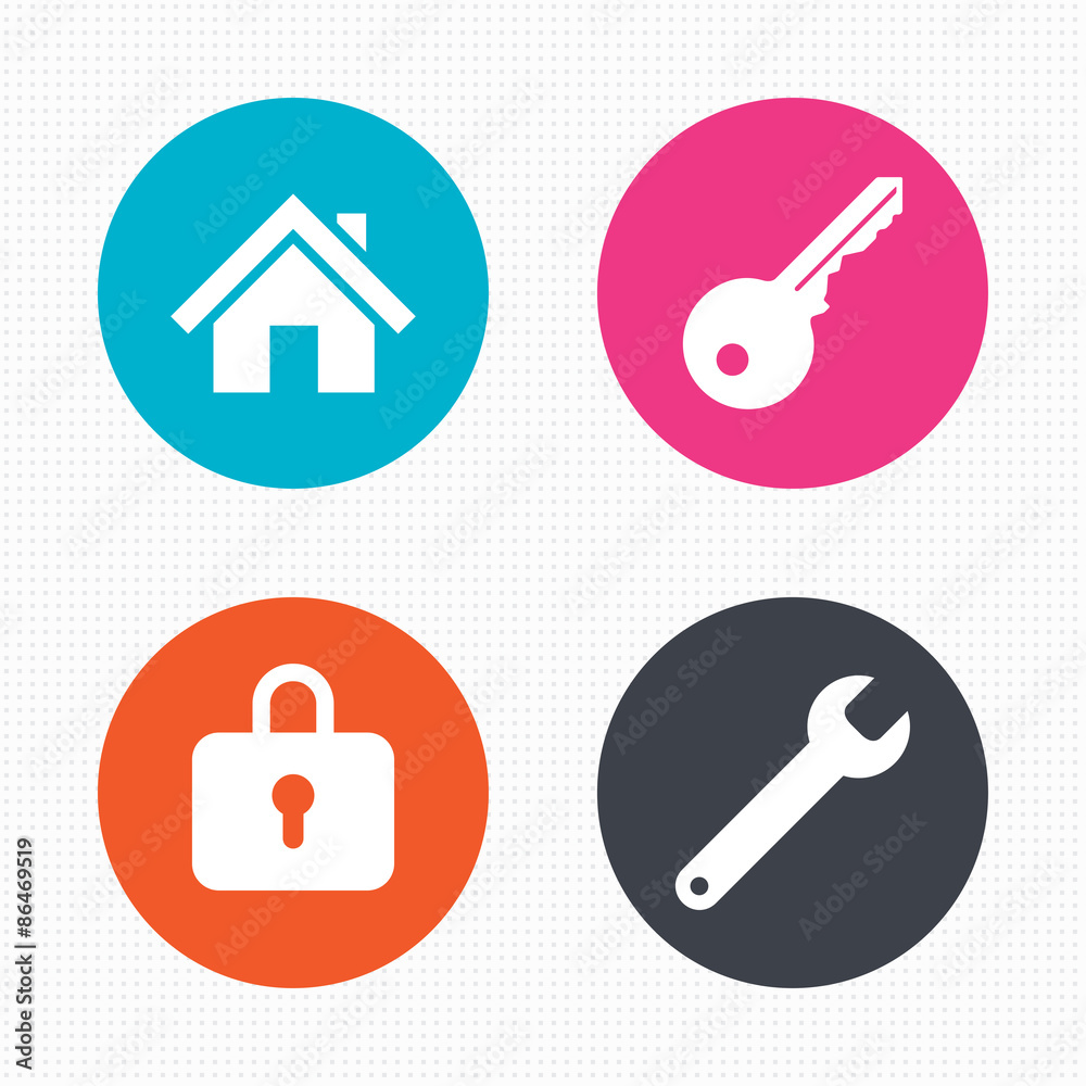 Home key icon. Wrench service tool symbol. Home key icon. Wrench service tool symbol.