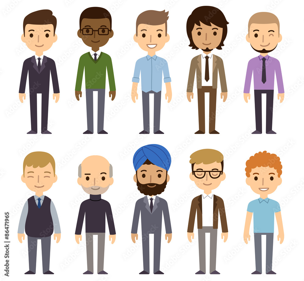 Set of diverse businessmen isolated on white background. Different nationalities and dress styles. Cute and simple flat cartoon style.