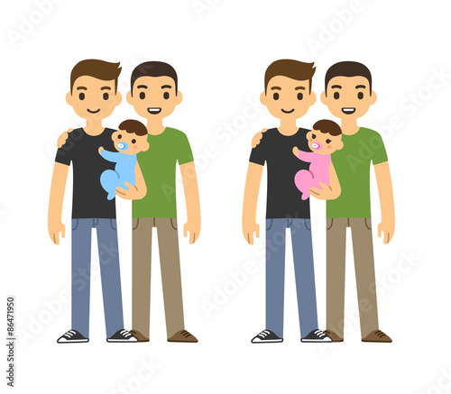 Cute cartoon gay couple holding a baby and smiling, isolated on white background. Two variants: with baby boy and girl.