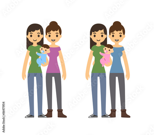 Cute cartoon gay couple holding a baby and smiling, isolated on white background. Two variants: with baby boy and girl.