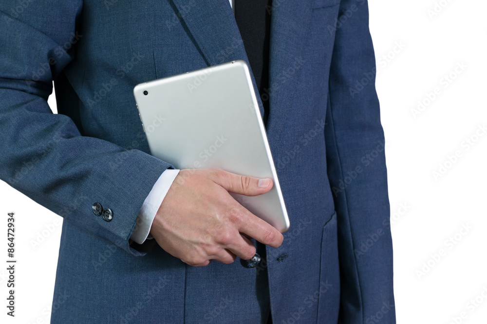 The businessman's photo in a suit. The man holds near at hand th The businessman's photo in a suit. The man holds near at hand th