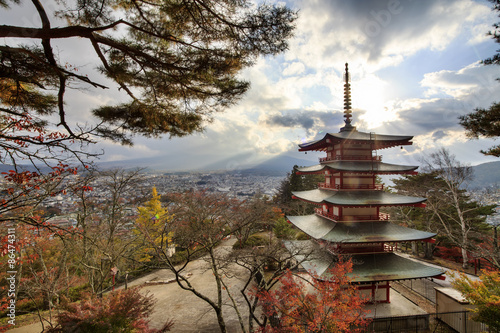 Mt. Fuji with fall colors in Japan.