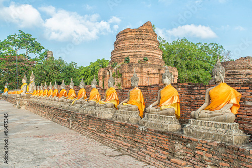 Aligned buddha statues at Wat Yai Chaimongkol Ayutthaya, Thailan