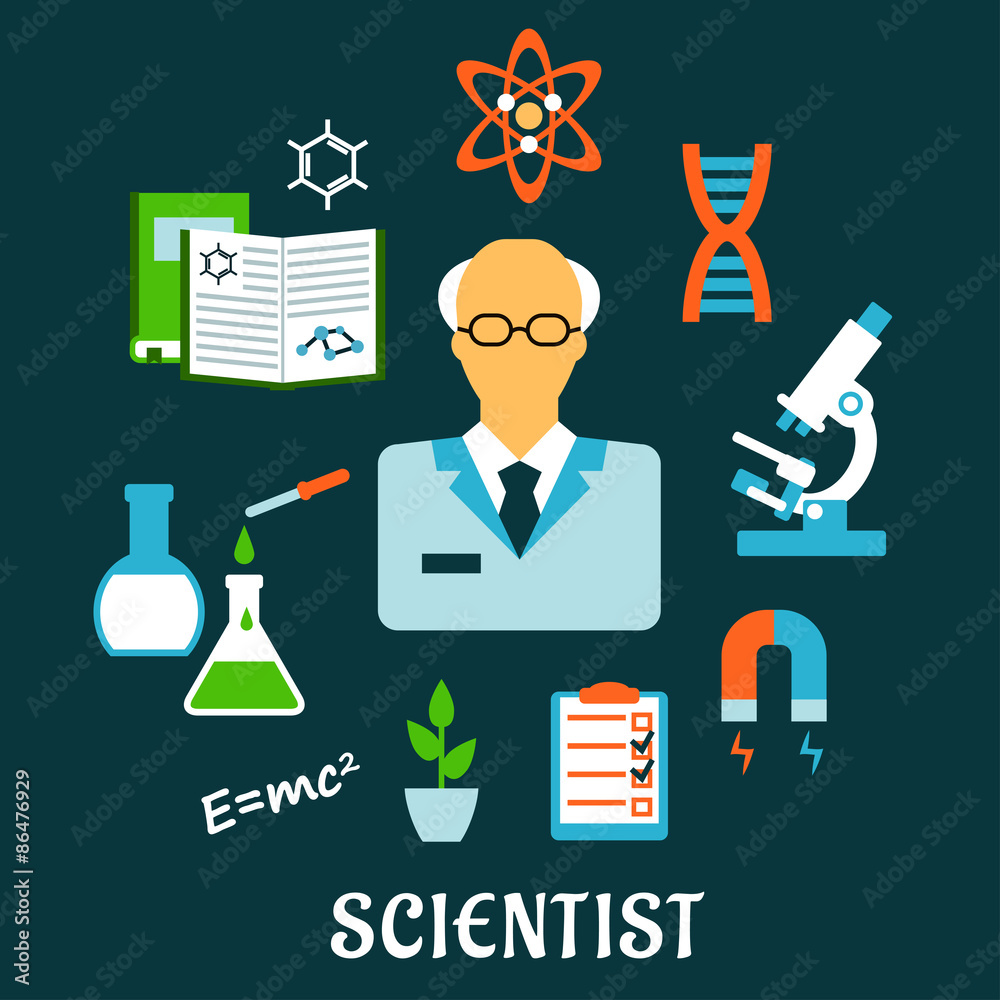 Scientist with research and science flat icons Scientist with research and science flat icons