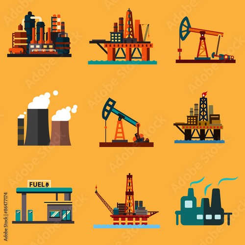 Oil extraction, refinery and retail flat icons