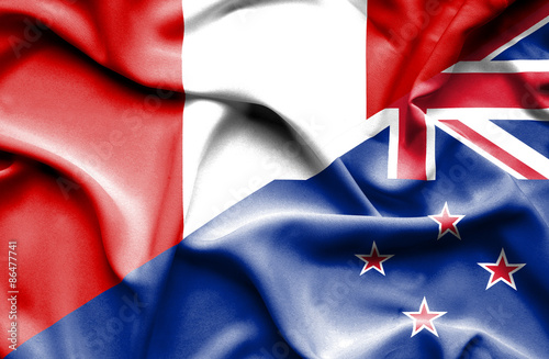 Waving flag of New Zealand and Peru