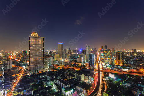Modern building at riverside in twilight scene at Bangkok, Thailand