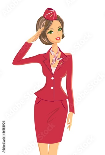 Illustration of attractive young flight attendant in red uniform saluting greetings