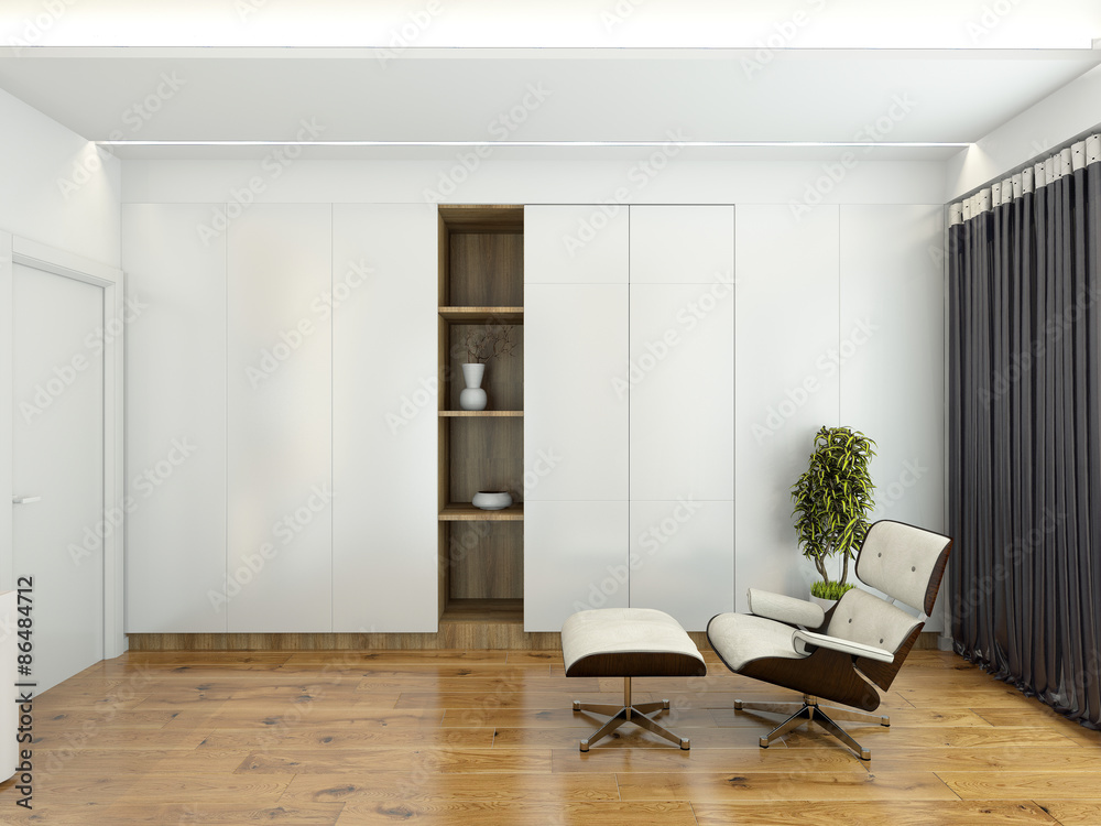 Fototapeta premium Modern interior with a chair and a wardrobe 3D rendering