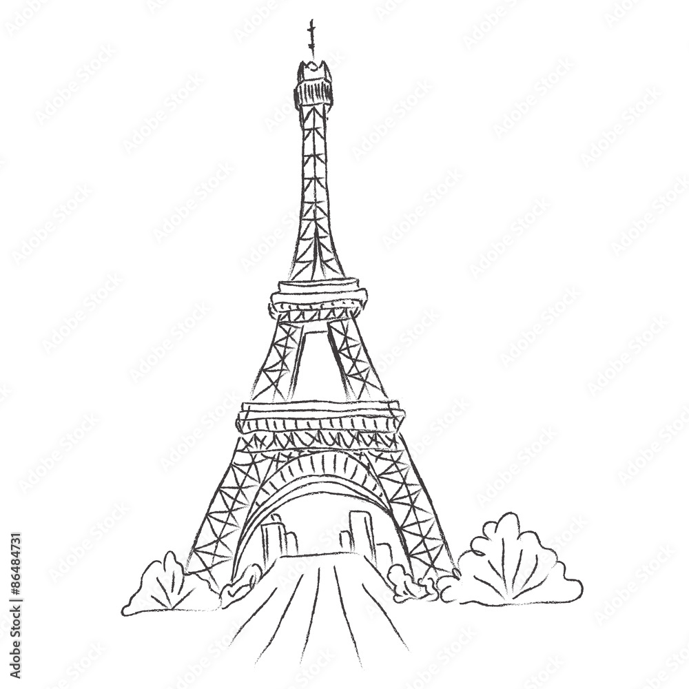 Eiffel, tower, Paris, France, sketch, white background, vector