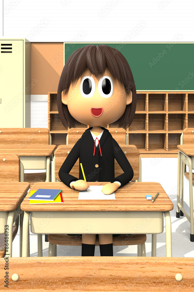 教室で座っている女子学生の3D-CG 教室で座っている女子学生の3D-CG