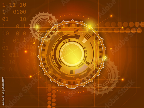 Abstract orange digital technology background with gears, glitter and other elements