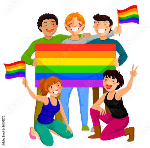 happy young people holding the gay rainbow flag