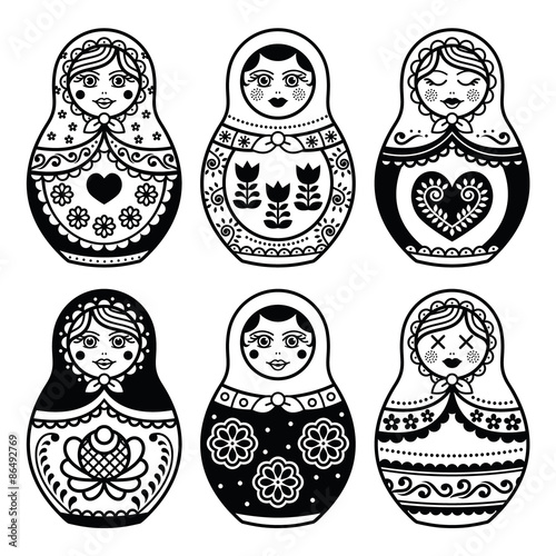 Matryoshka, Russian doll icons set 