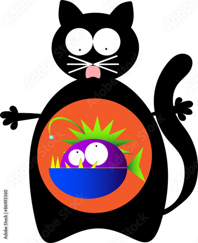 Cat with monster fish inside. Illustration of a black cat with a monster fish inside stomach