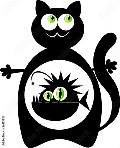 Cat with monster fish inside. Illustration of a pleased black cat with a monster fish inside stomach
